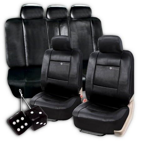 Plush Fuzzy Dice (Zone Tech Universal Fit Luxury Interior D?cor Pu Leather Full Set of Solid Black Seat Covers+ Pair of Classic Black Plush Hanging Fuzzy Dice)