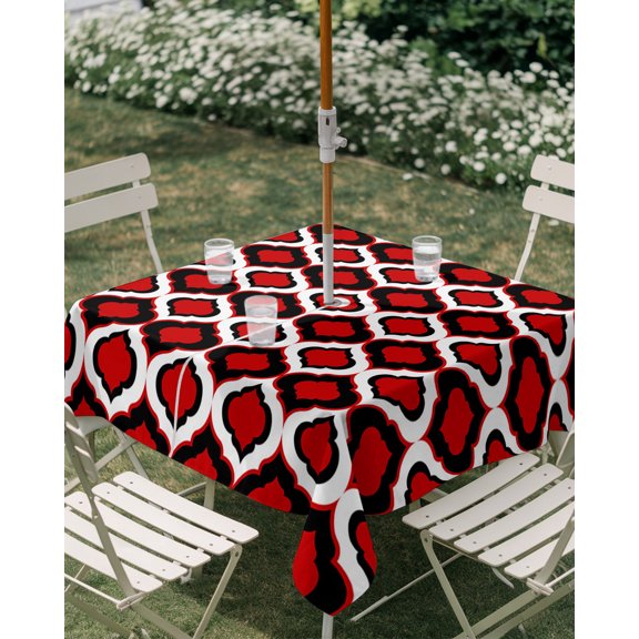 Outdoor Tablecloth with Umbrella Hole, Classic Moroccan Pattern Zippered Table Cloth for Rectangle Tables, Red Geometric Plaid Washable Waterproof Tablecloths for Picnic Patio Garden