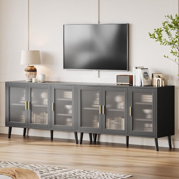 Set of 2 Black Sideboard Buffet Cabinets – 48" Modern Buffet with Ribbed Glass Doors, Dining Room or Kitchen Storage