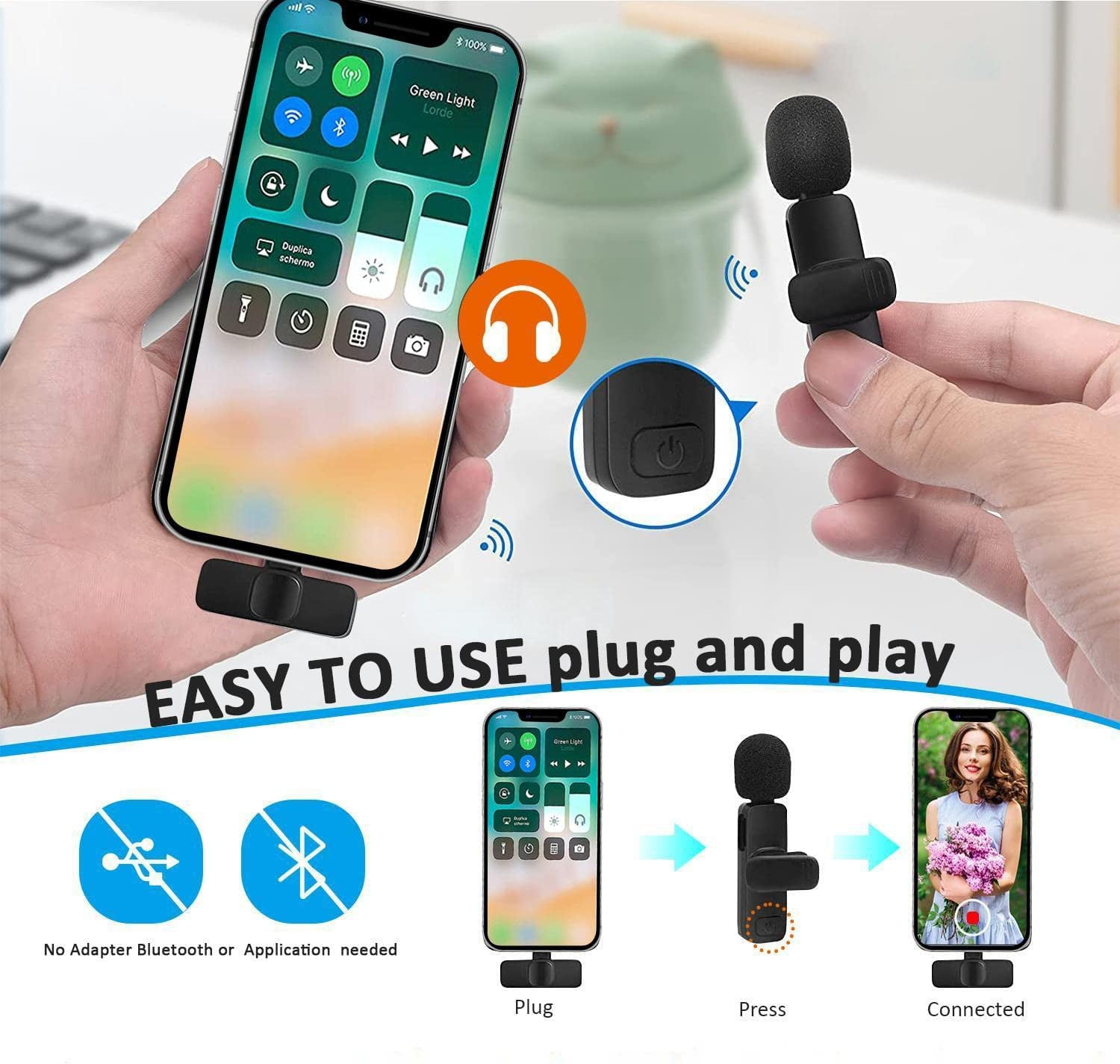 Professional Wireless Lavalier Lapel Microphone for iPhone, iPad - Cordless Omnidirectional Condenser Recording Mic for Interview Video Podcast Vlog YouTube