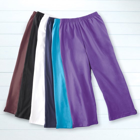 Collections Etc. Women's Elastic Waist Comfortable Cropped Capri Pants, Large, Navy