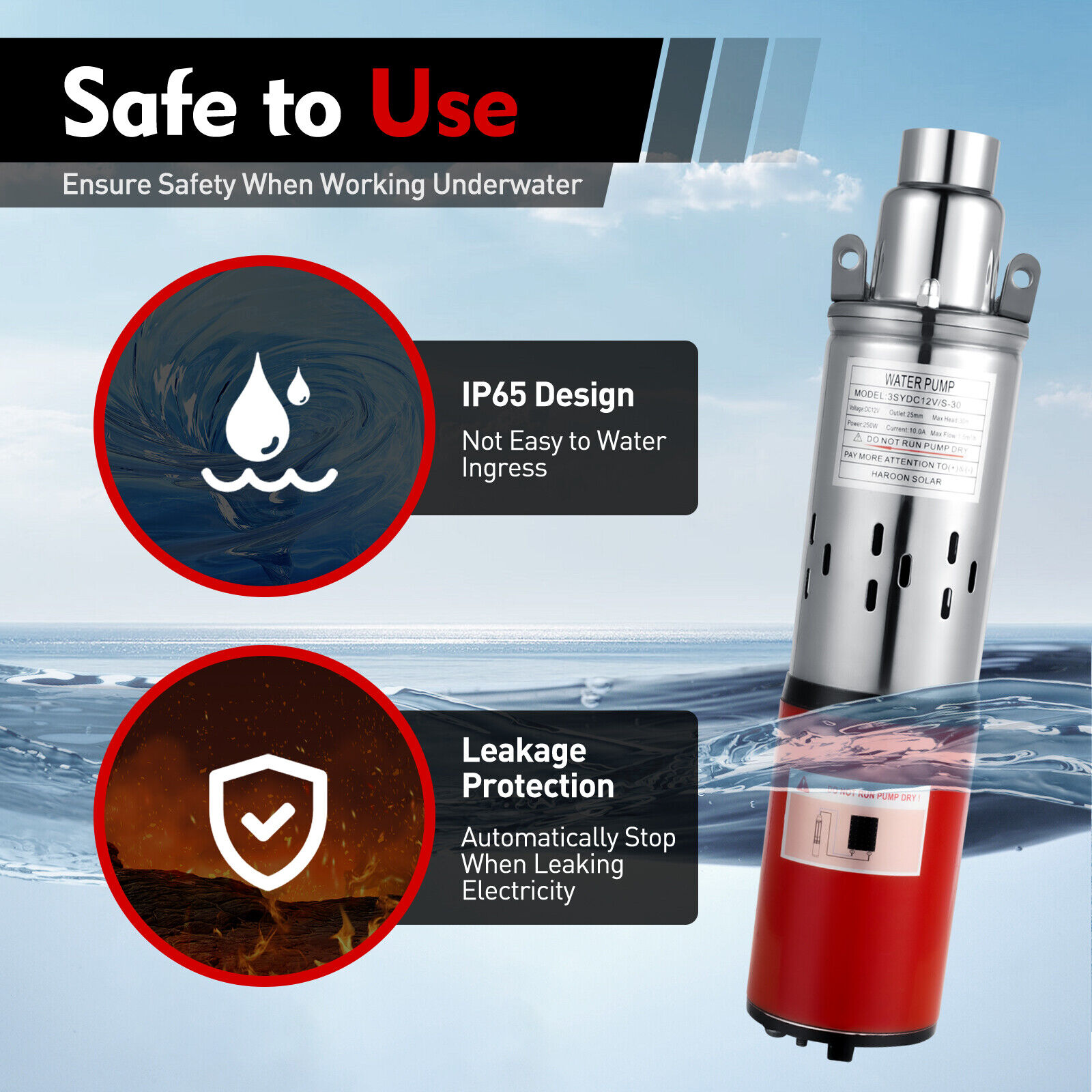 12V Submersible Pump Deep Well Water DC Pump Stainless Steel 1500L/H 250W