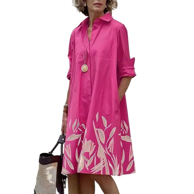 Vestido camisero Zhyaj para mujer, manga larga, con botones, cuello en V rosa
