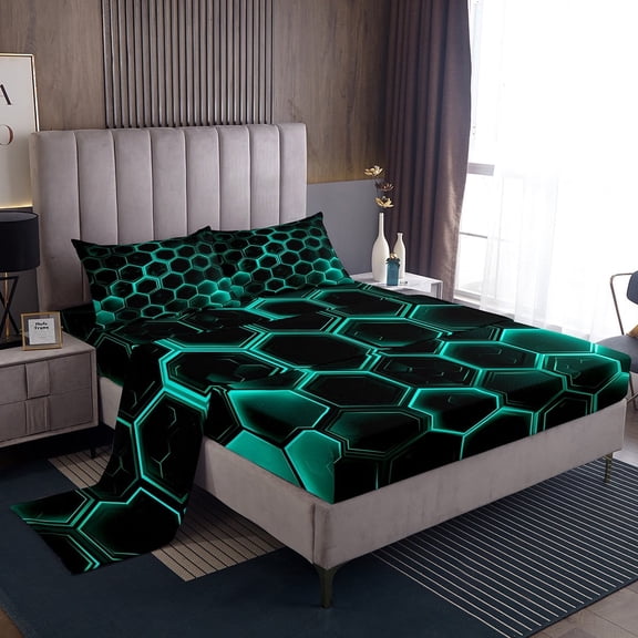 Erosebridal Neon Cyan Honeycomb Bed Sheets Twin , Geometric Hexagon Bedding Sets Twin Size, Black Bedroom Decor 3pcs