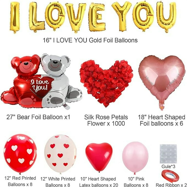 Leyfeng Valentine's Day Decoration, Balloon Set, 1000Pcs Rose Petals, Heart Shaped Balloons & Bear Balloons for Anniversary, Valentine's Day, Wedding Decor