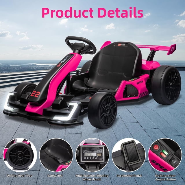 Historyli Kart eléctrico de 24 V, potente kart de drifting, asiento ajustable, velocidad de 13 km/h, luces LED, juguete para exteriores para niños de 6 a 15 años, color rosa y rojo.