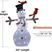Alpine Corporation 74 (Over 6 Feet Tall) Outdoor Mesh Snowman Yard Decor with Red Birds and 100 Cool White LED Lights, Christmas Holiday Lighted Sculpture