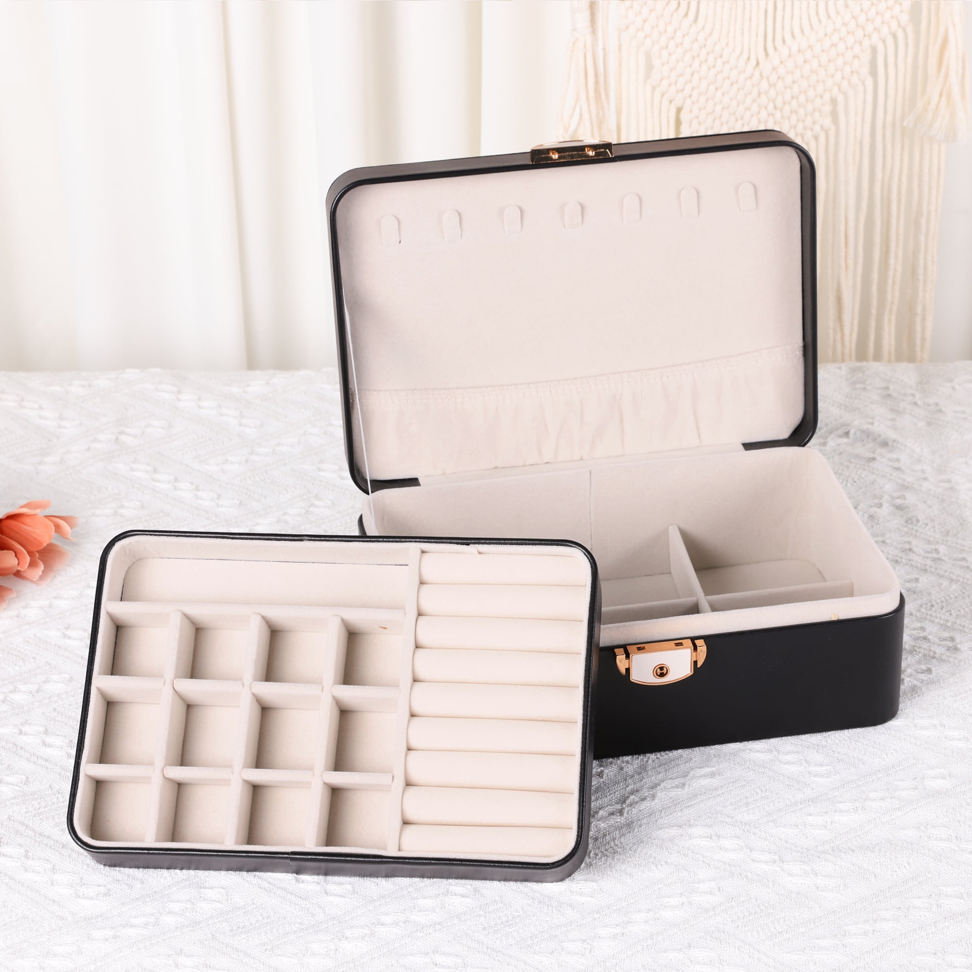 Unique Bargains 2 Layer PU Leather Jewelry Box Organizer Holder for Women Black