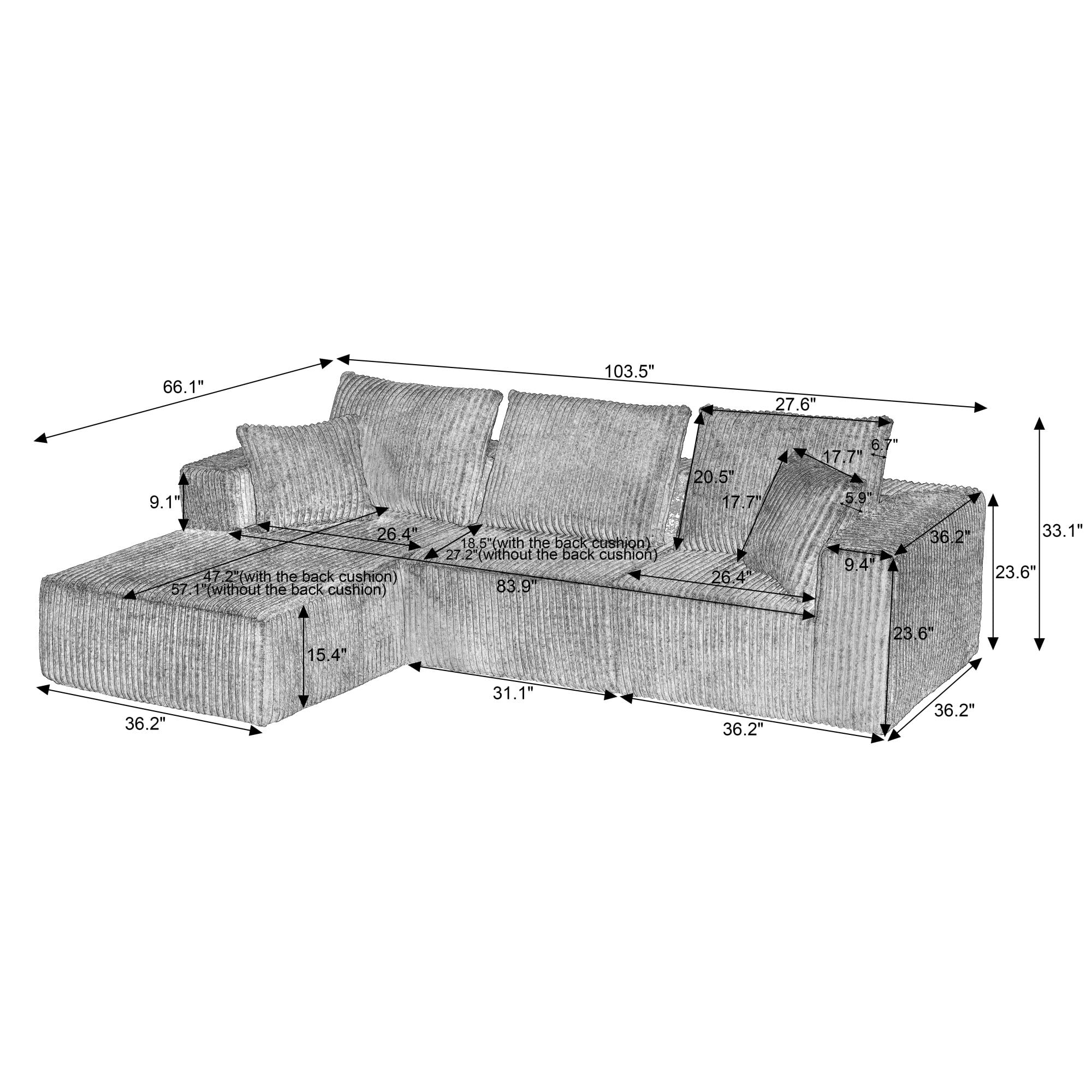DEALTOPS L-Shaped Corduroy Sectional Sofa, 4-Seater Convertible Couch with Chaise, No Assembly, Dark Gray