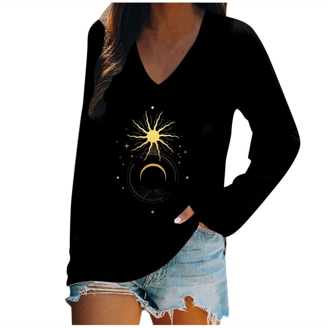Camiseta de manga larga con cuello en V informal para mujer a la moda Fridja hkj4787