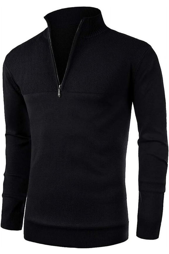 Mens Slim Fit Zip Up Mock Neck Polo Sweater Casual Long Sleeve Sweater and Pullover Sweaters with Ribbing Edge