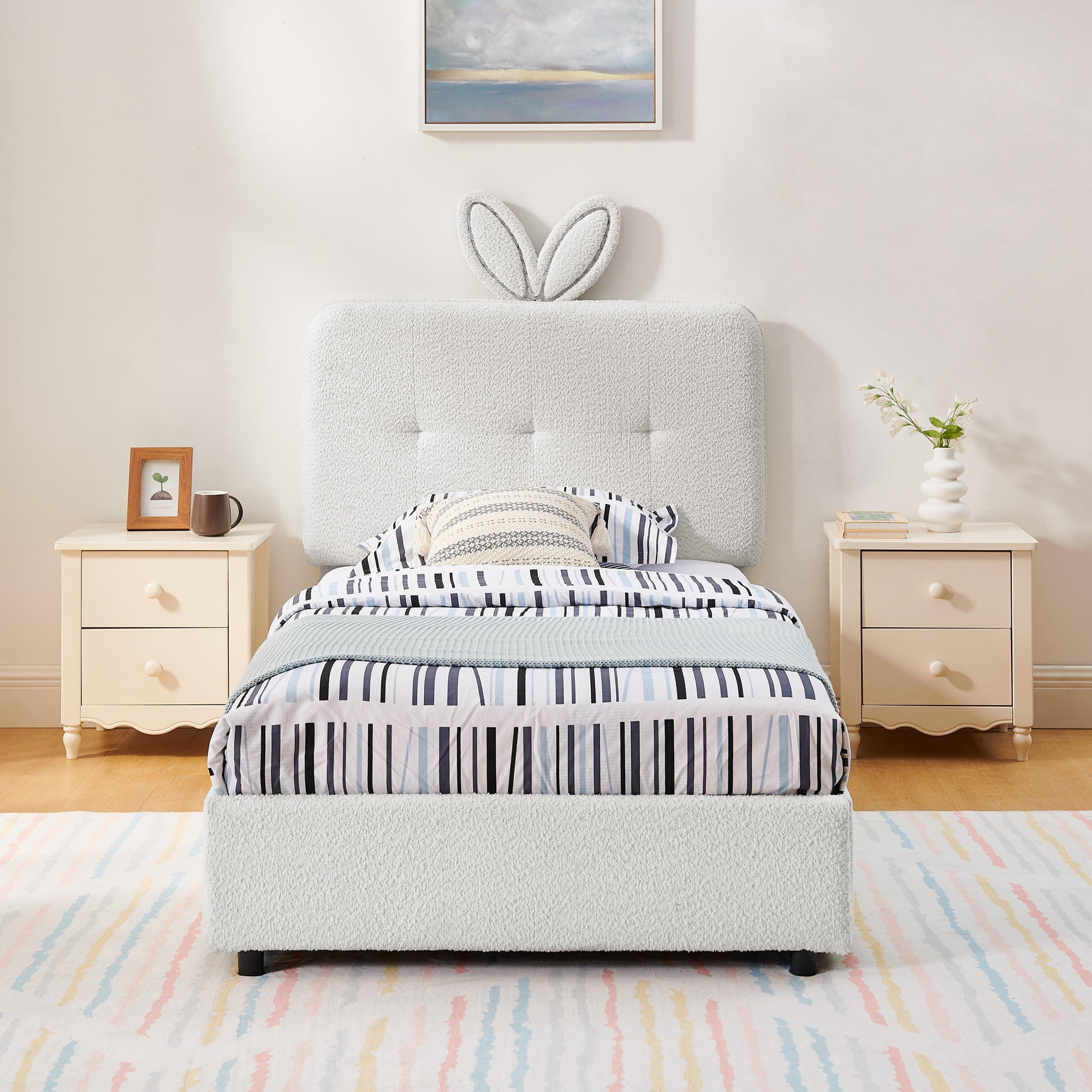 Mintazer Twin Upholstered Kids Bed with Oversized Rabbit Ear Headboard, Boucle Fabric Platform Bed with LED Headboard & 4 Storage Drawers, Beige