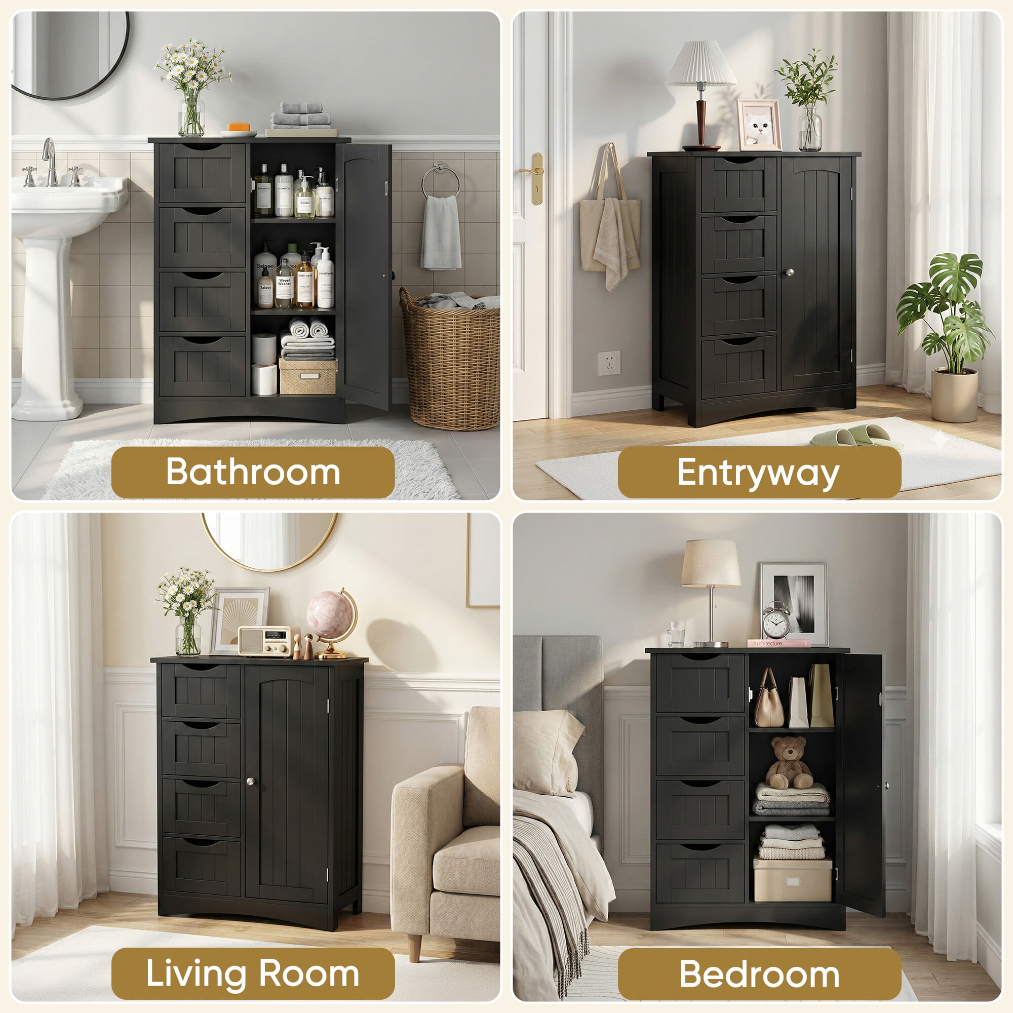 ZENY Bathroom Floor Cabinet, Freestanding Storage Cabinet with 4 Drawers and Adjustable Shelves, Modern Cupboard for Home Living Room Office, Black