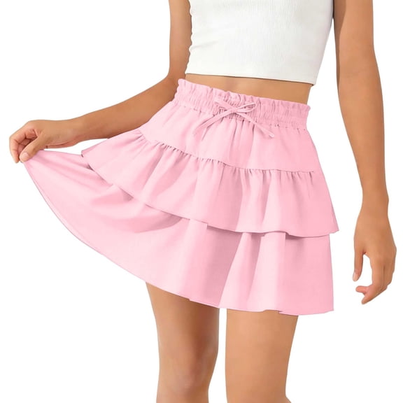 LJEFF Girls Ruffle Tiered Mini Skirt, Drawstring Flowy Elastic High Waist Cute Summer Casual A-Line Skirts for Girls Pink Size 6 T