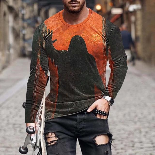 Yusimy T-shirts Décontractés d'Halloween pour Hommes Manches Longues Col Rond Imprimé Graphique Chandail Mode Thème Vacances