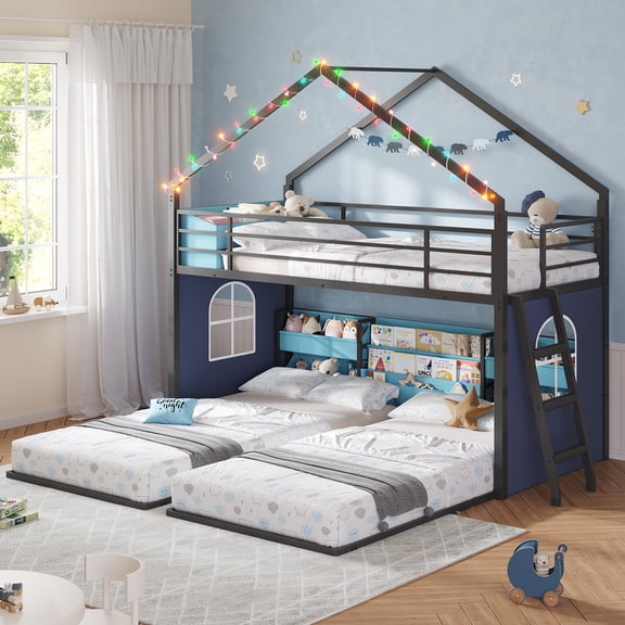 Twin Triple Bunk Bed with Storage Bins and Bookshelf, House Shaped Bunk Beds Twin Over Twin Over Twin with Globe String Lights, Guardrails & Ladder, Metal Bunk Bed Frame for 3 Teens/Adults, Black