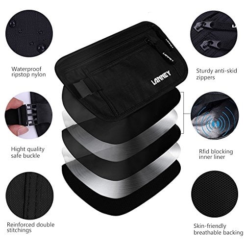 Travel Money Belt RFID Blocking Waist Wallet Waterproof Hidden Stash for Men Women, Under Clothes Passport Holder with 10 Credit Card Sleeves, Black LANNEY LANNEY
