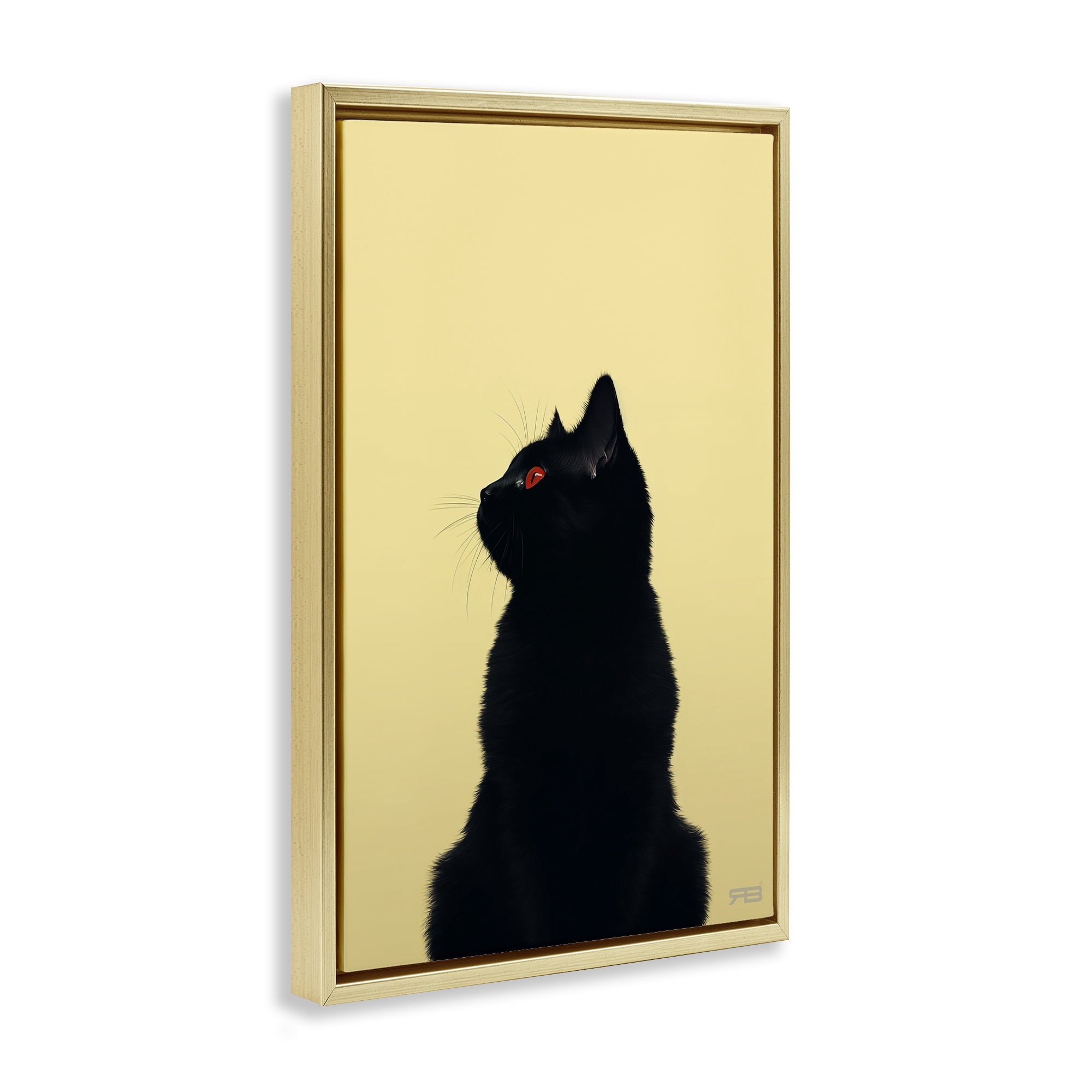 Stupell Industries Black Cat on Yellow Animals & Insects Painting Gold Floater Framed Canvas Art Print Wall Art, 17 x 25