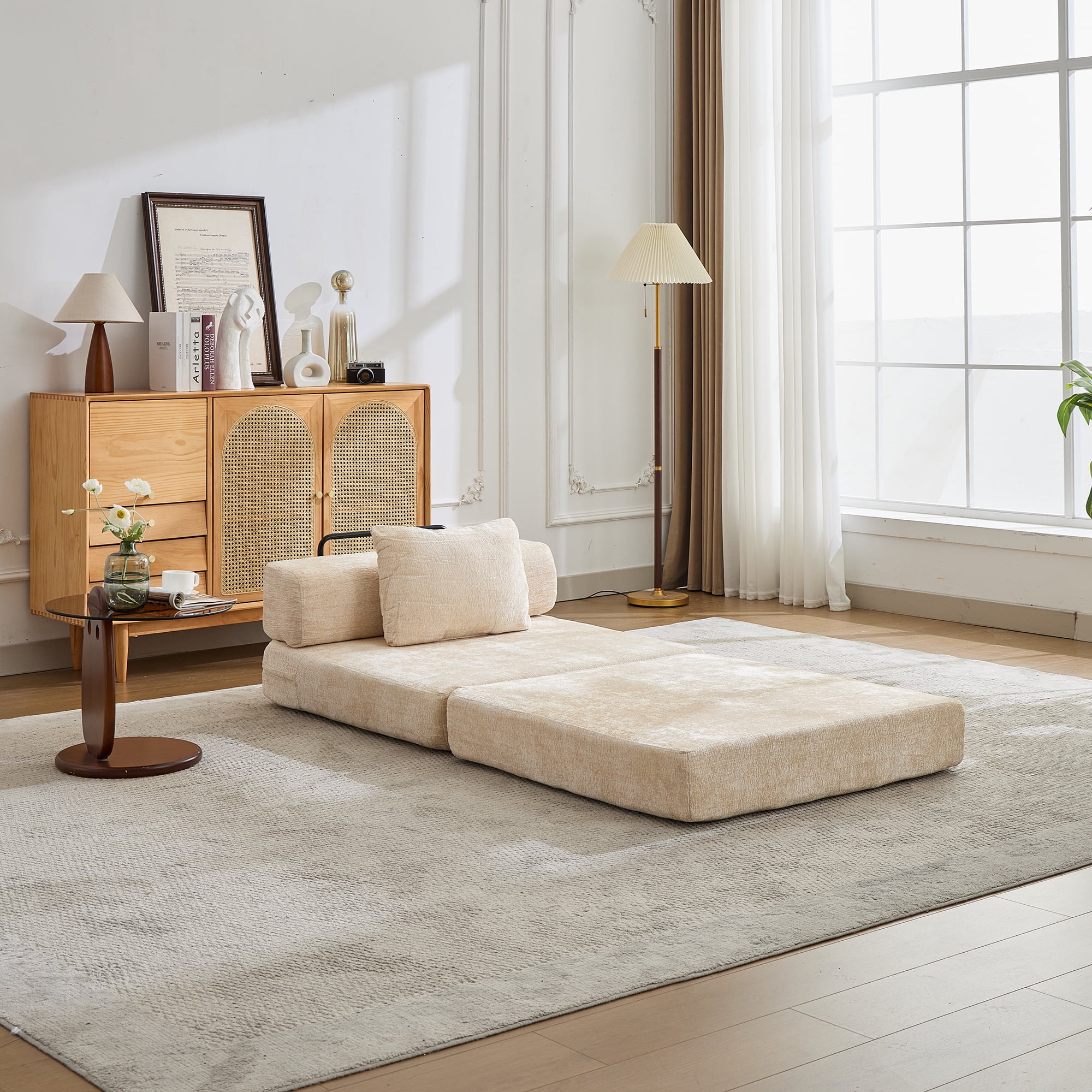 Miniyam Folding Sofa Bed, Convertible Sleeper Chair with Pillow Foldable Mattress with Back Support, Beige