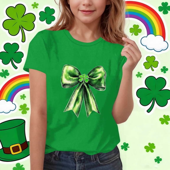 ATOGUTA T-Shirts for Girls Graphic Tees Summer Cute Tops St. Patrick's Day Short Sleeve Crewneck T Shirts Green, Size 3T-15