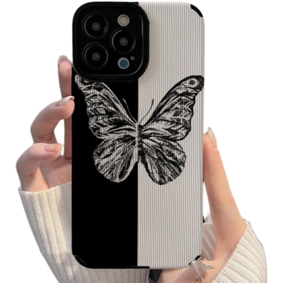Compatible with iPhone Case,Classic Splice Butterfly Design[Compatible with Wireless Charging] Camera Lens Protection Soft Shockproof Cover Phone Case (Black,iPhone 15)