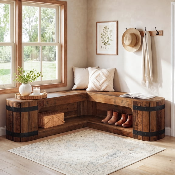 Finmind 47.24" L-Shaped Corner Shoe Bench, Solid Wood Storage Bench