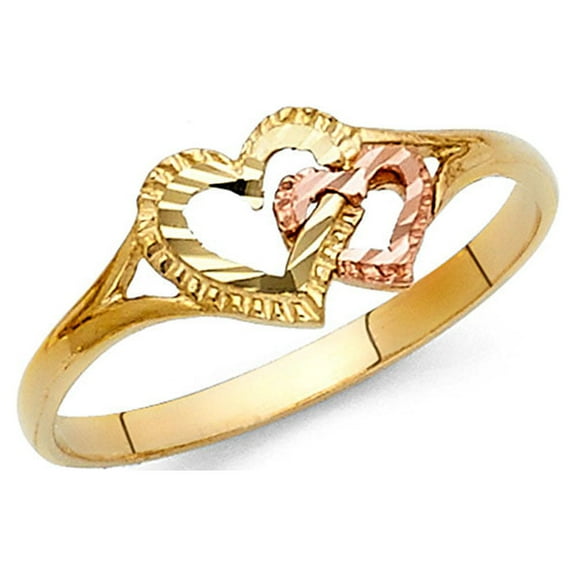14k Yellow & Rose Gold Two Hearts Ring Love Band Two Hearts Together Polished Two Tone 7MM, Size 7