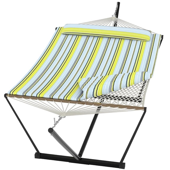 Memoryfield 2 Person Portable Double Hammock with Pillow and Adjustable Steel Stand, Outdoor Hammock for Patio, Garden, Beach, Backyard, Blue