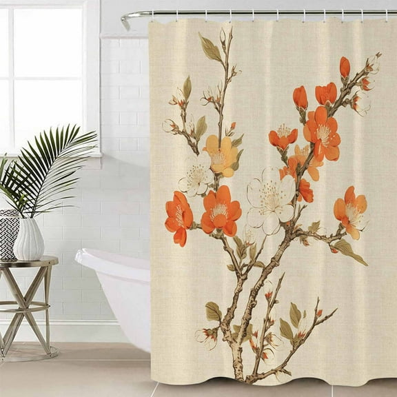 Vintage Botanical Bathroom Curtain 72 Inch Shower Curtain with Hooks, Red Spring Floral Botanical Farmhouse Waterproof Polyester Bath Curtain Washable Bathtub Curtain 48''x 72''