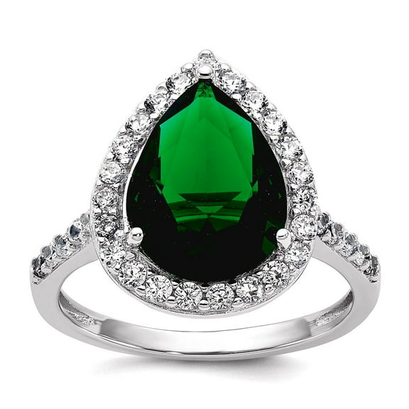 15.9mm Ss Rhodium Plated Green Glass and Cubic Zirconia Teardrop Halo Ring Size 9 Ring for Women