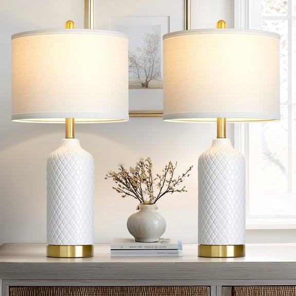 Lolikit 26" Modern White Ceramic Table Lamp Set of 2 for Living Room Bedroom Farmhouse Nightstand Bedside Lamps with Bulbs