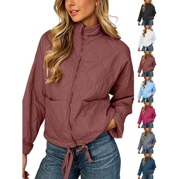 Chiccall Women's Cotton Padded Jacket, Long Sleeve Winter Casual Quilted Coat with Pockets, Lightweight Warm Outerwear Wine M
