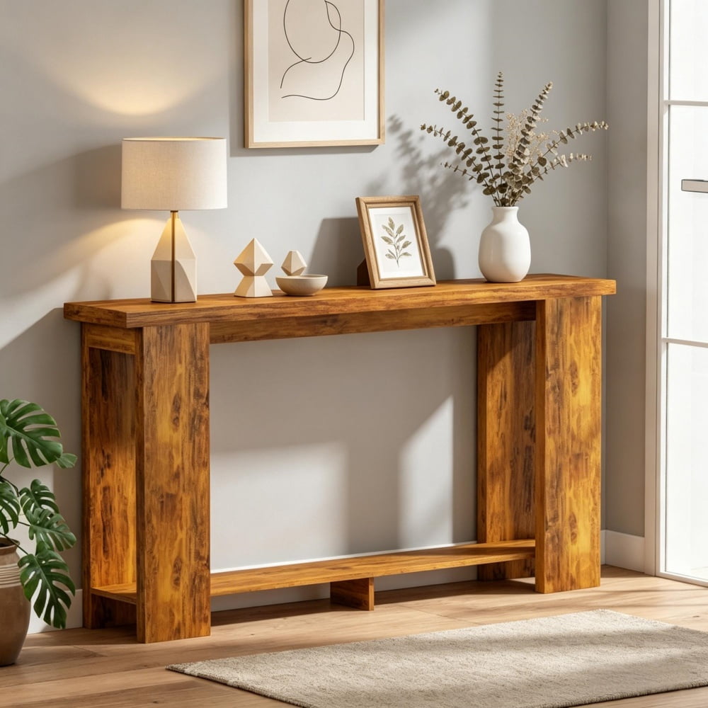 Distressed Brown Console Table, 63" Long Narrow Sofa Table with Open Shelf, Anti-Tip Strap, Heavy-Duty MDF Tabletop for Small Spaces (Living Room/Hallway)