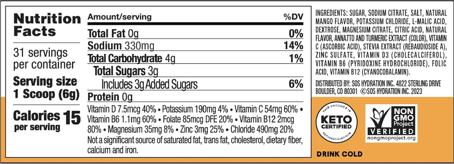 SOS Hydration Daily Electrolyte Drink Mix, Mango, 31-Serving Tub, Low Sugar, Vitamins B6 B12 C D, Potassium Magnesium Zinc