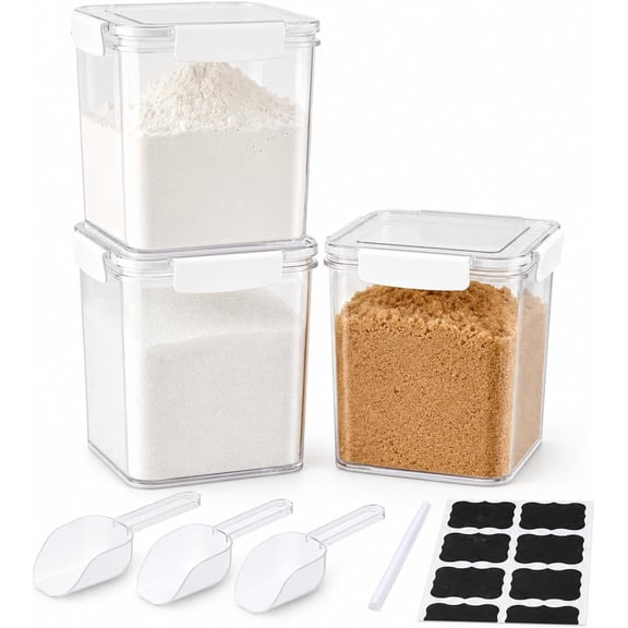 Pethiy 3‑Pack Airtight Flour Sugar Storage Containers with Lids, BPA‑Free Cereal Canisters with Scoops Labels Marker for Rice Coffee Dry Food, Pantry Organizers and Storage