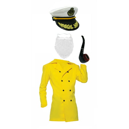 Mens Fisherman Boat Captain Yellow Jacket Sailor Hat White Beard Real Pipe