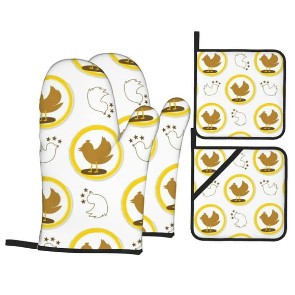 YFYANG Oven Mitts and Pot Holders Sets 4 Pieces, Non-Slip Heat Resistant Cute Cartoon Bird Kitchen Glove Pot Mat for Cooking and Baking