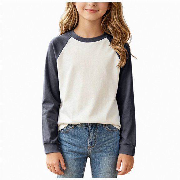YDFCWXW Girls Long Sleeve Shirts Cotton Color Block Casual Tops Tees Crewneck Breathable Winter Outfits (Grey, 3-4 Years)