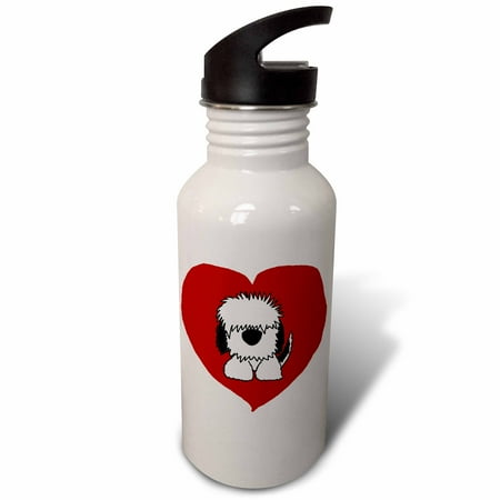 

3dRose Fun White Old English Sheepdog Puppy Dog and Red Heart Love Sports Water Bottle 21oz