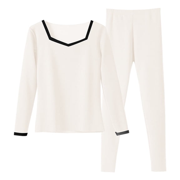 BLTIBY Thermal Underwear Sets for Women Long Johns Color Block Square Neck Base Layer Winter Warm Long Sleeve Pjs Sleepwear White XL
