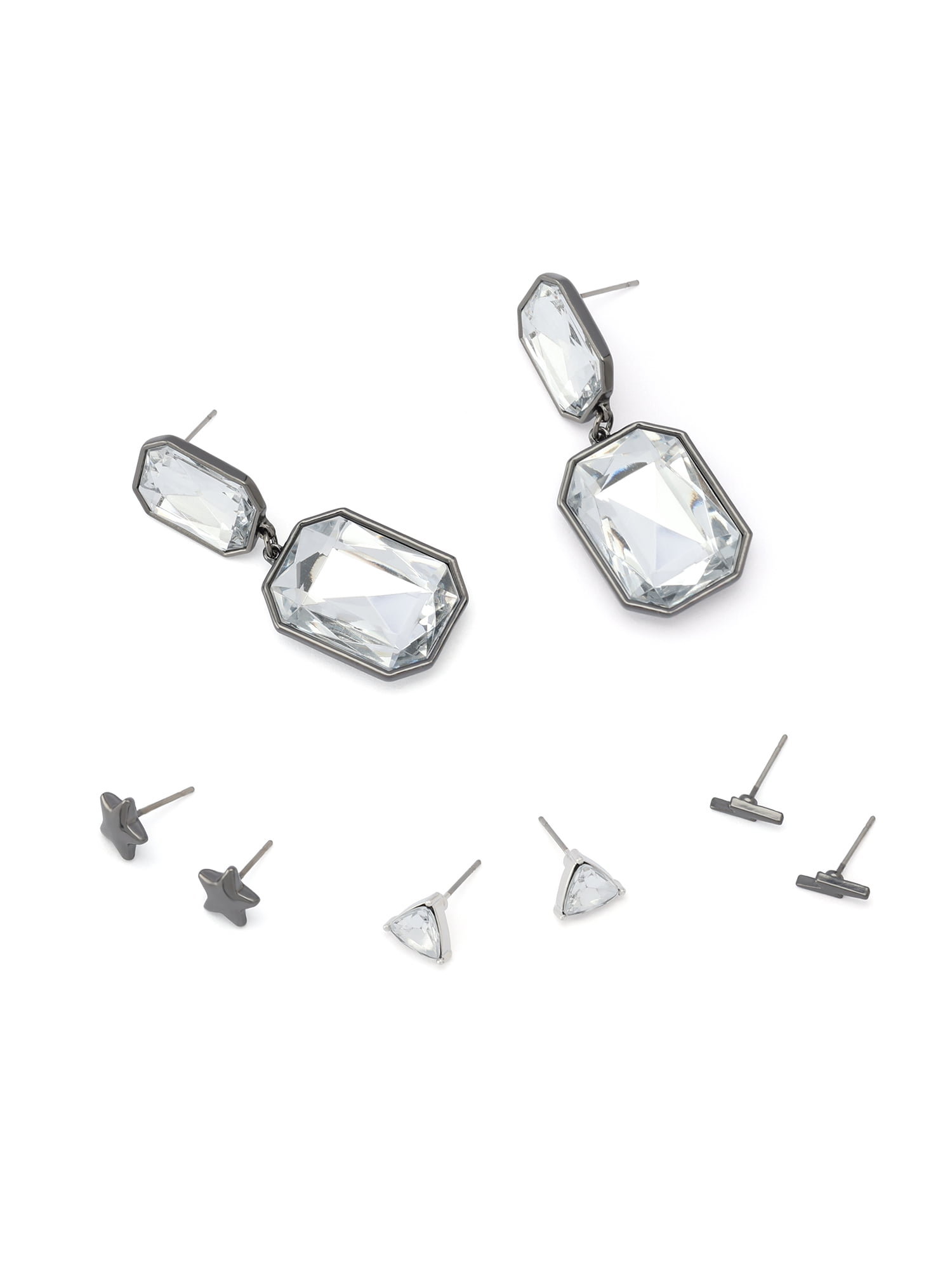 Madden NYC Women's Fashion Rhodium Stone Gem Drop & Stud Earring 4-Piece Giftable Boxed Statement Set