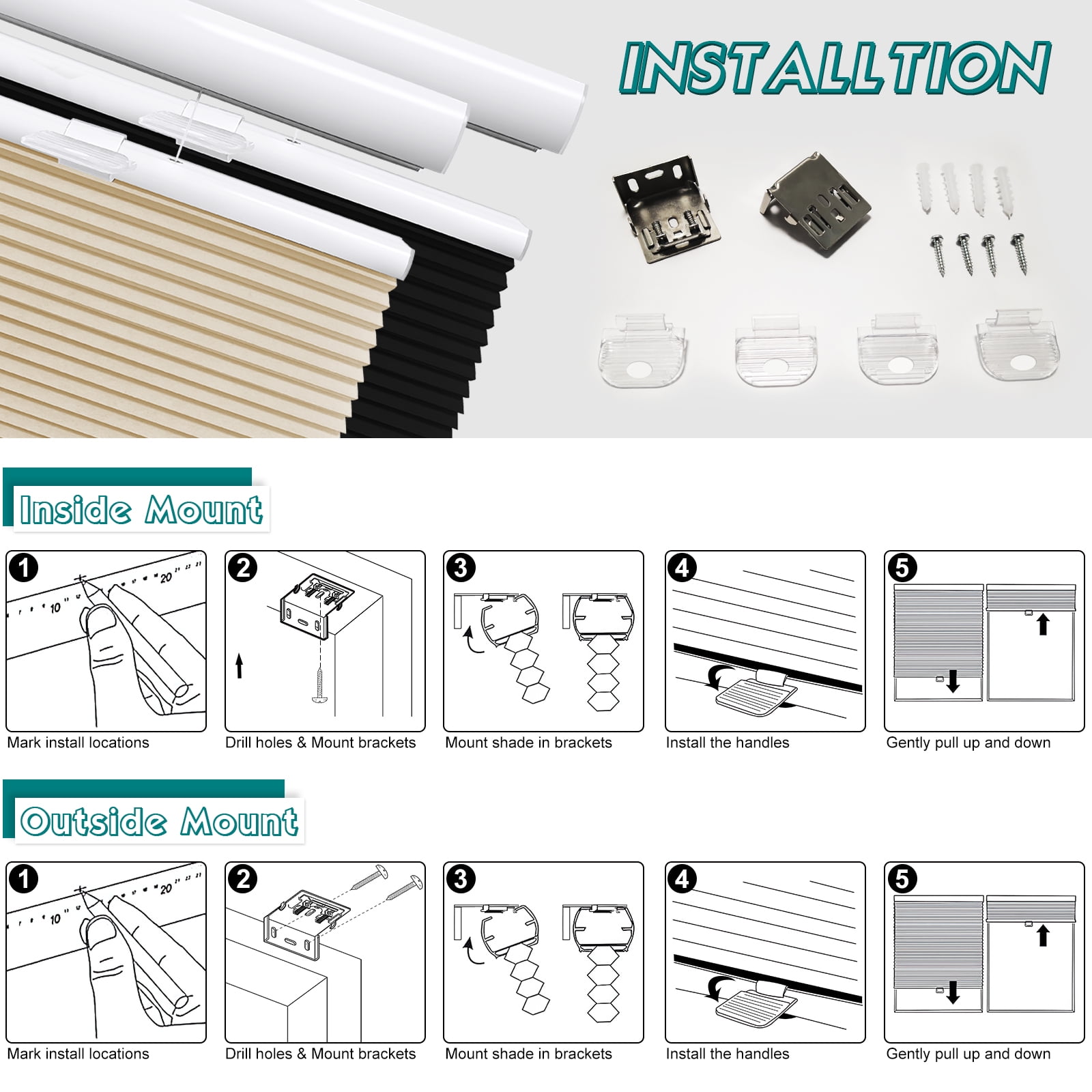 Keego Cordless Cellular Shades Window Blinds Modern Size and Color Customizable Brown Blind Light Filtering 48"w x 48"h