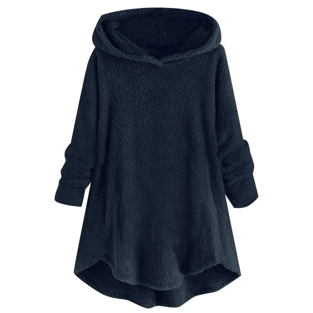 Womens Cardigan Plus Size Button Plush Tops Hooded Loose Cardigan Wool Coat Winter Jacket Navy Xl