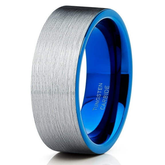 8mm Blue Tungsten Ring Silver Tungsten Ring Anniversary Ring Men & Women Anniversary Ring Comfort Fit