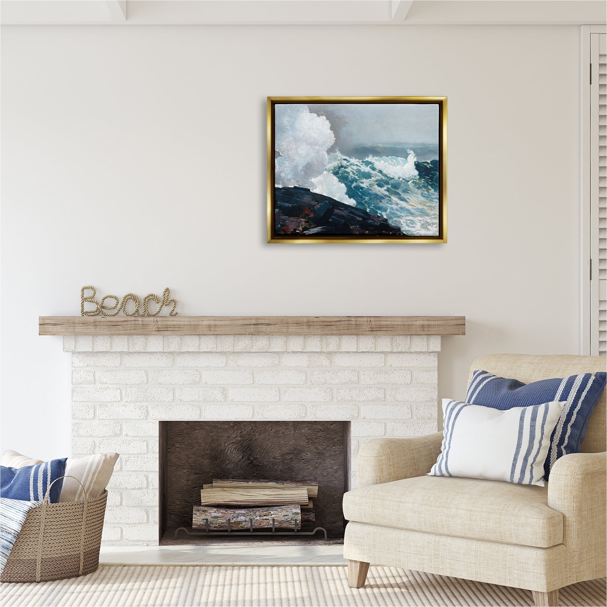 Stupell Industries Ocean Waves & Cliffs Landscape Painting Gold Floater Framed Canvas Art Print Wall Art, 31 x 25