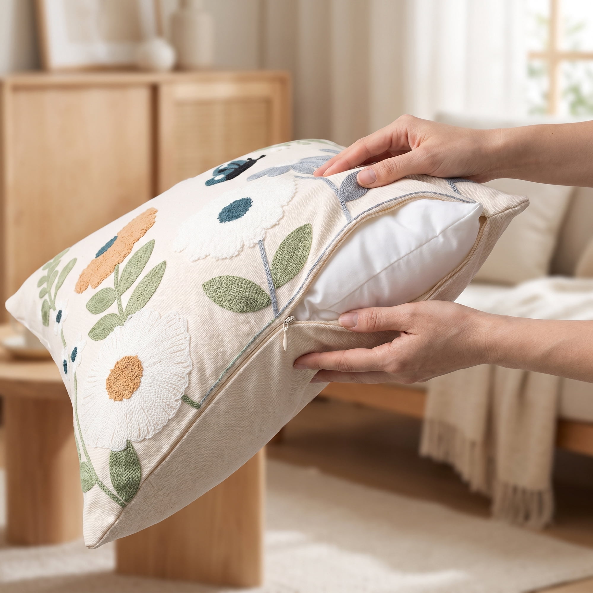 Unique Bargains Chic Floral Embroidered Throw Pillow Cover Floral Accent Blue 18"x18"