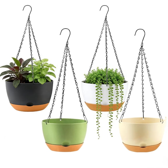 urorentea 4 Pack 8" Self-Watering Hanging Planters with Drainage Holes & Removable Saucer, Hanging Flower Pots for Indoor Outdoor Plants