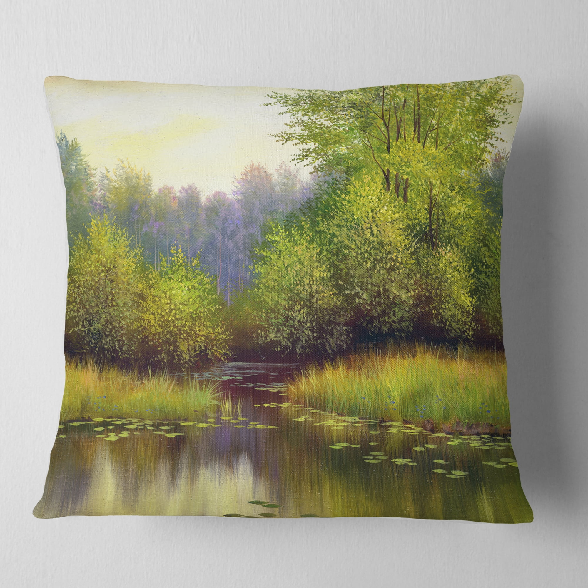 Designart Green Summer with River - Landscape Printed Throw Pillow - 18x18