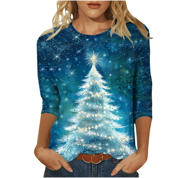Moxiu Women's Plus Size Christmas T-Shirts Merry Christmas Shirt 3/4 Length Sleeve Womens Blouse Holiday Santa Claus Xmas Tree Graphic Printed Tshirts Tops 2024 Multicolor,XXL