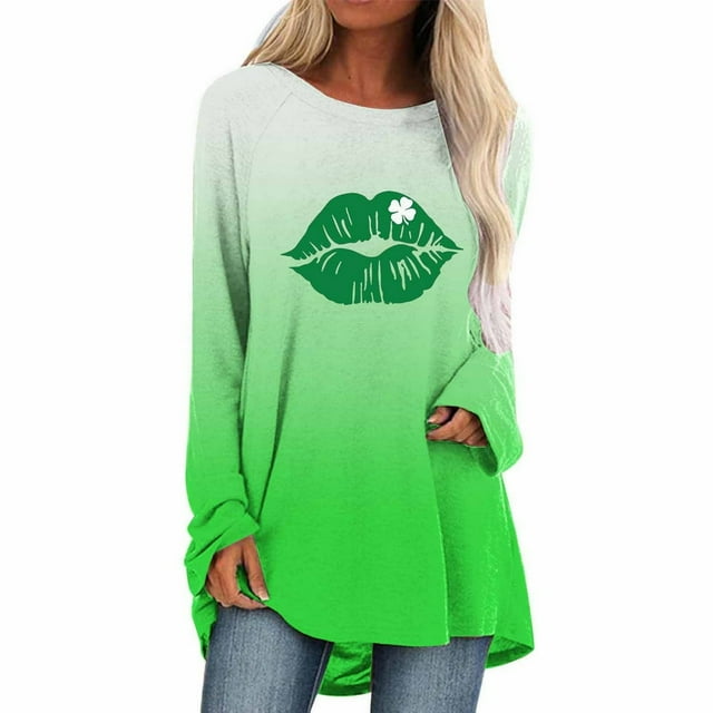Womens St. Patricks Day Printed Oversize T Shirt Neck Long Sleeve Pullover Summer Gift